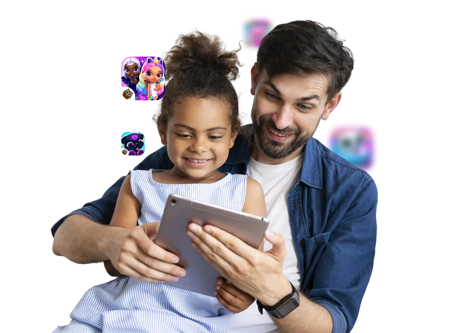 Parent and child playing TutoTOONS games on a tablet